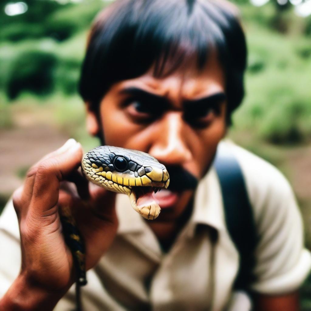 An individual bravely biting into a snake, eyes filled with determination but a hint of apprehension, blurred nature in the background