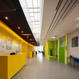 Design a receptionist building for a public service information system, linked with an open corridor leading to a classroom area