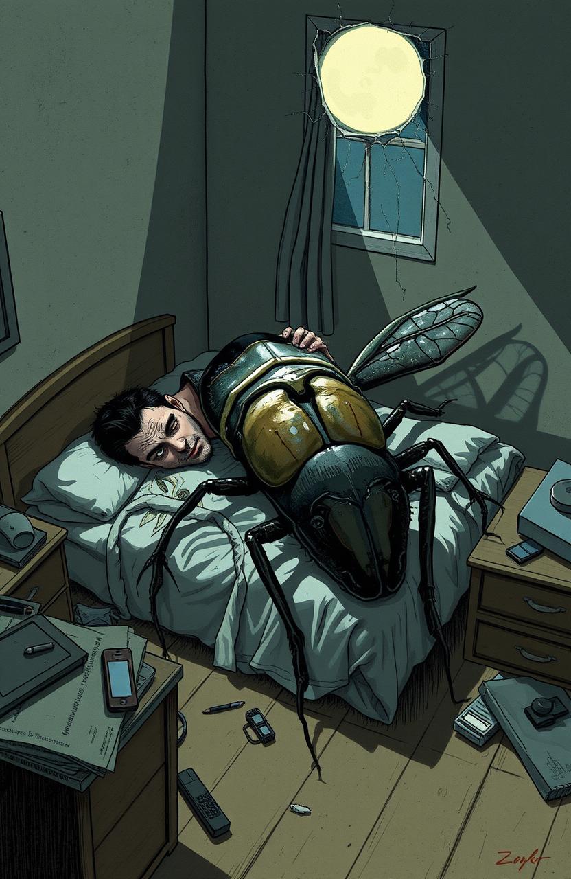 An imaginative illustration inspired by Kafka's 'Metamorphosis', depicting a surreal scene where a man transforms overnight into a giant insect