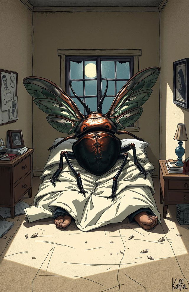 An imaginative illustration inspired by Kafka's 'Metamorphosis', depicting a surreal scene where a man transforms overnight into a giant insect