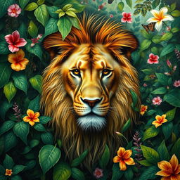 A surrealist painting of a lion seamlessly camouflaged within the lush foliage of a jungle