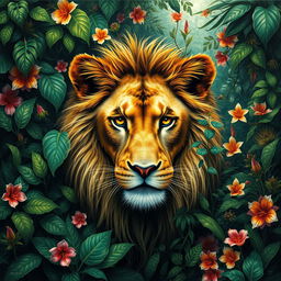 A surrealist painting of a lion seamlessly camouflaged within the lush foliage of a jungle