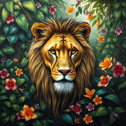A surrealist painting of a lion seamlessly camouflaged within the lush foliage of a jungle