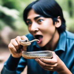 An individual bravely biting into a snake, eyes filled with determination but a hint of apprehension, blurred nature in the background