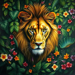 A surrealist painting of a lion seamlessly camouflaged within the lush foliage of a jungle