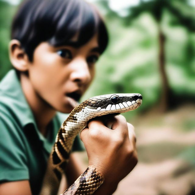 An individual bravely biting into a snake, eyes filled with determination but a hint of apprehension, blurred nature in the background