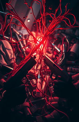 A dramatic scene featuring a chaotic mix of elements: vivid red threads intertwined with splatters of blood, symbolizing urgency and danger