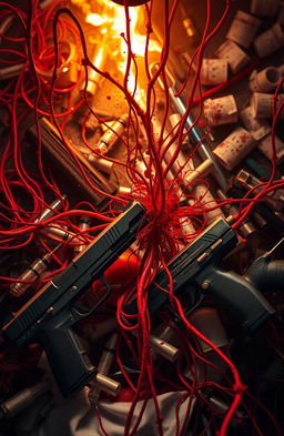 A dramatic scene featuring a chaotic mix of elements: vivid red threads intertwined with splatters of blood, symbolizing urgency and danger