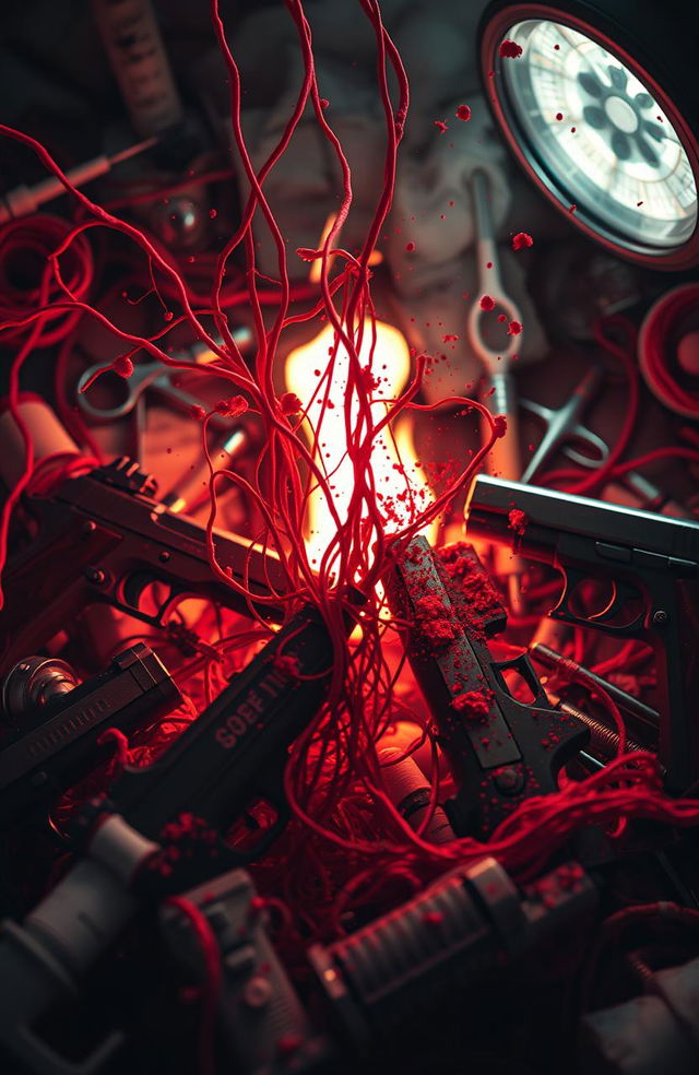 A dramatic scene featuring a chaotic mix of elements: vivid red threads intertwined with splatters of blood, symbolizing urgency and danger