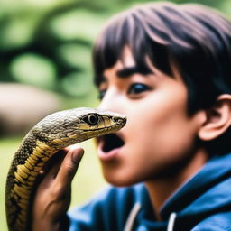 An individual bravely biting into a snake, eyes filled with determination but a hint of apprehension, blurred nature in the background