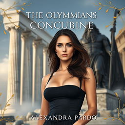 A grand view of Olympus rises in the background, featuring towering marble columns that are shrouded in mist and illuminated by soft light