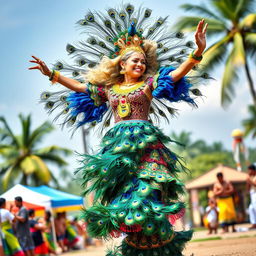 A full-length portrait of a beautiful Sri Lankan blonde woman dancing the Kataragama Kavadi, adorned in an elaborately embellished dress featuring peacock feathers in vibrant blue, green, and yellow hues