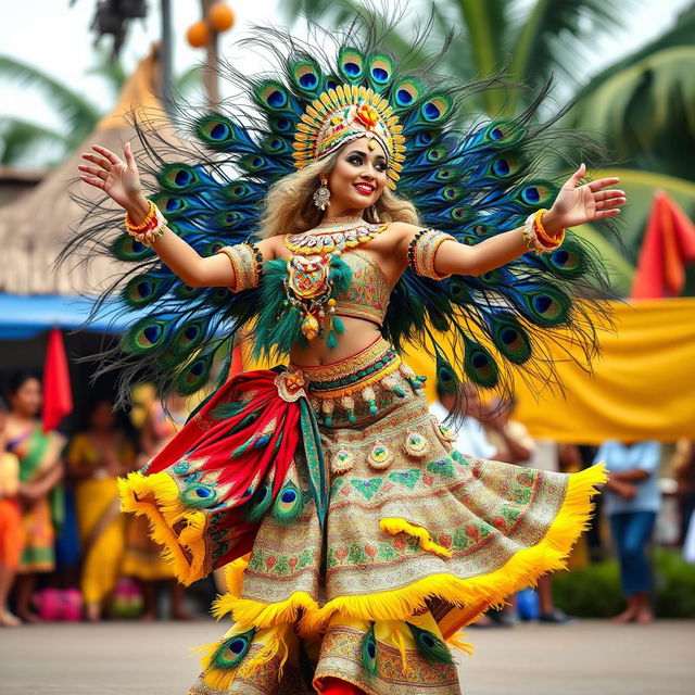 A full-length portrait of a beautiful Sri Lankan blonde woman dancing the Kataragama Kavadi, adorned in an elaborately embellished dress featuring peacock feathers in vibrant blue, green, and yellow hues