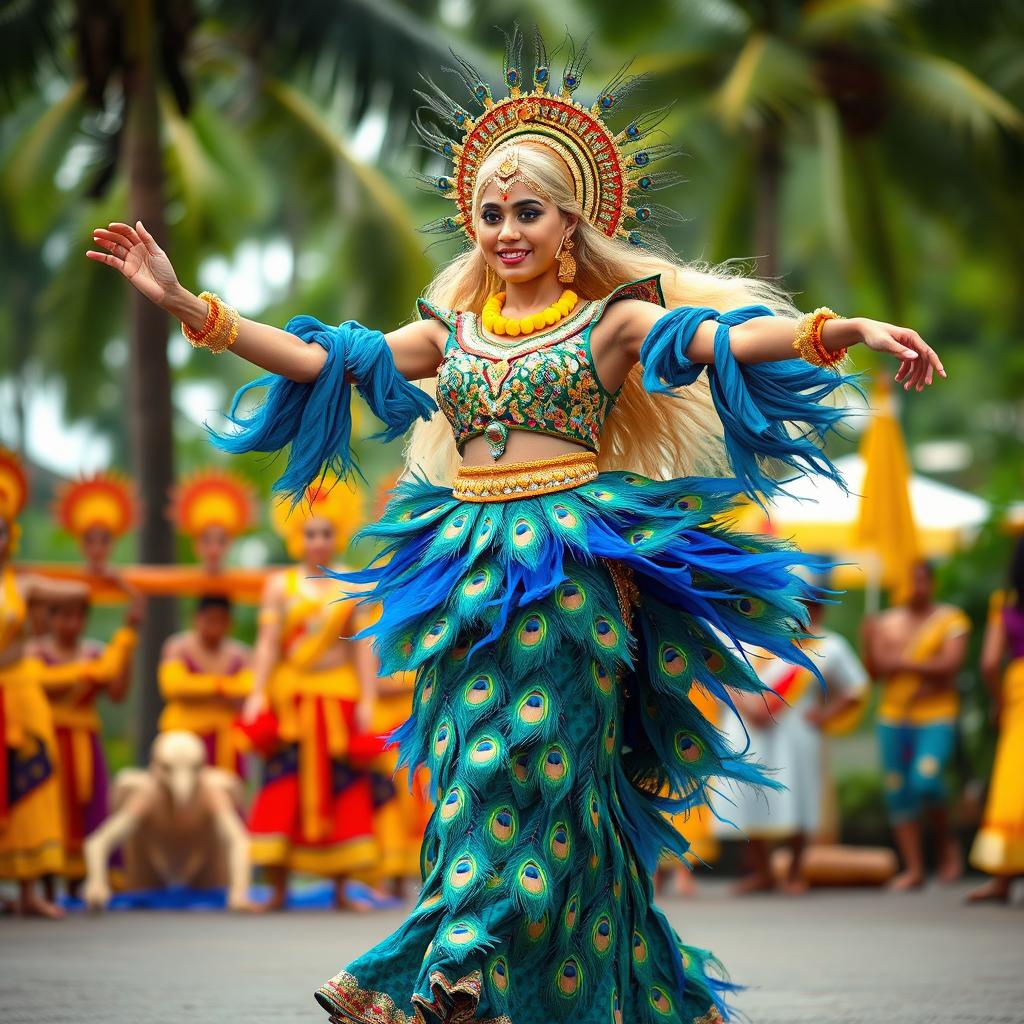 A full-length portrait of a beautiful Sri Lankan blonde woman dancing the Kataragama Kavadi, adorned in an elaborately embellished dress featuring peacock feathers in vibrant blue, green, and yellow hues