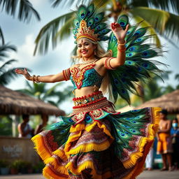 A full-length portrait of a beautiful Sri Lankan blonde woman dancing the Kataragama Kavadi, adorned in an elaborately embellished dress featuring peacock feathers in vibrant blue, green, and yellow hues