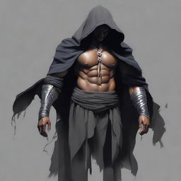 Transform the torn, dark grey hoodie into a cloak-like garment, maintaining the realism of the muscled, bandaged Indian man with rings against the dark environment