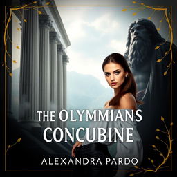 A grand view of Olympus rises in the background, featuring towering marble columns that are shrouded in mist and illuminated by soft light