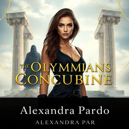 A grand view of Olympus rises in the background, featuring towering marble columns that are shrouded in mist and illuminated by soft light