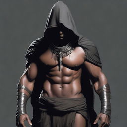 Transform the torn, dark grey hoodie into a cloak-like garment, maintaining the realism of the muscled, bandaged Indian man with rings against the dark environment