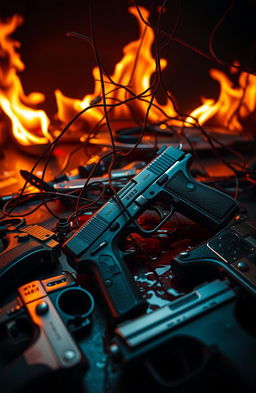 A dramatic and intense scene highlighting blood and fire intertwined with threads, surrounded by various doctor equipment and pistols