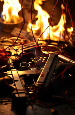 A dramatic and intense scene highlighting blood and fire intertwined with threads, surrounded by various doctor equipment and pistols