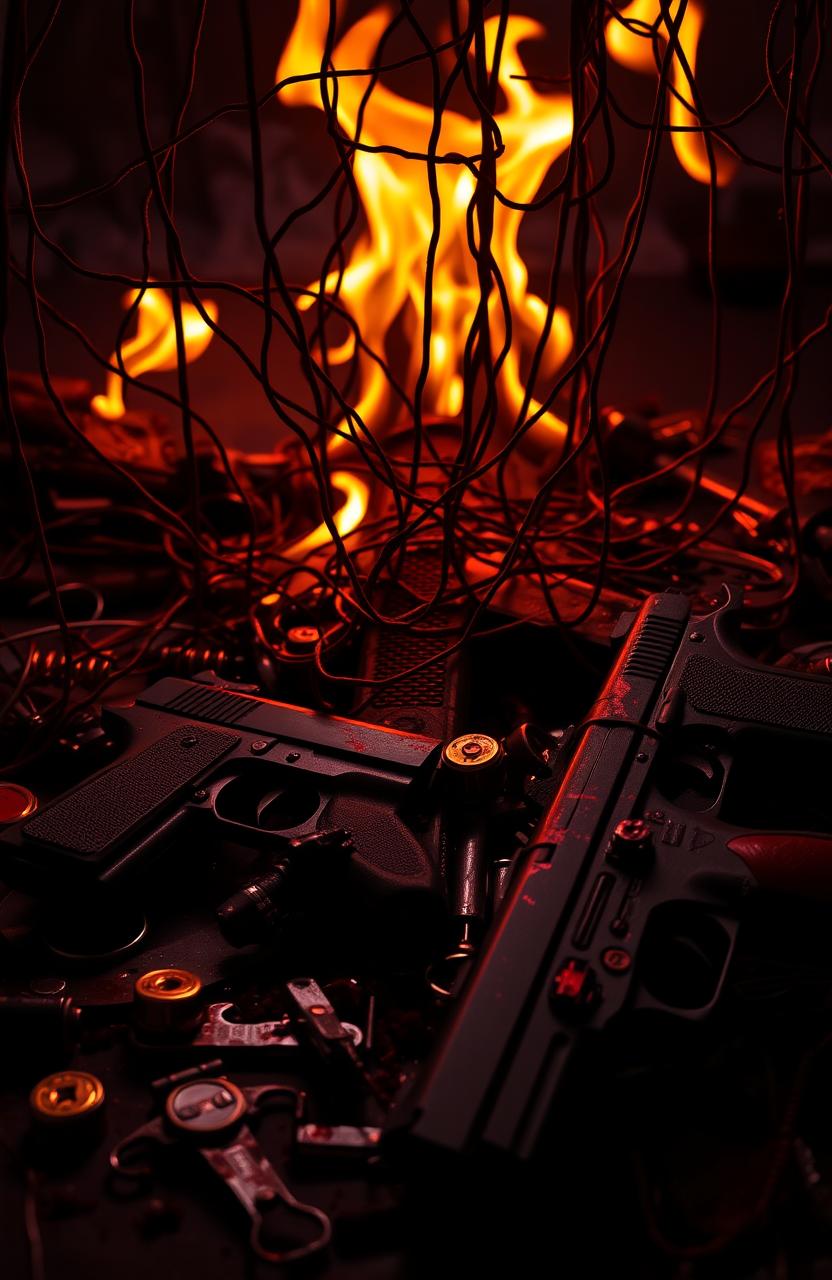 A dramatic and intense scene highlighting blood and fire intertwined with threads, surrounded by various doctor equipment and pistols