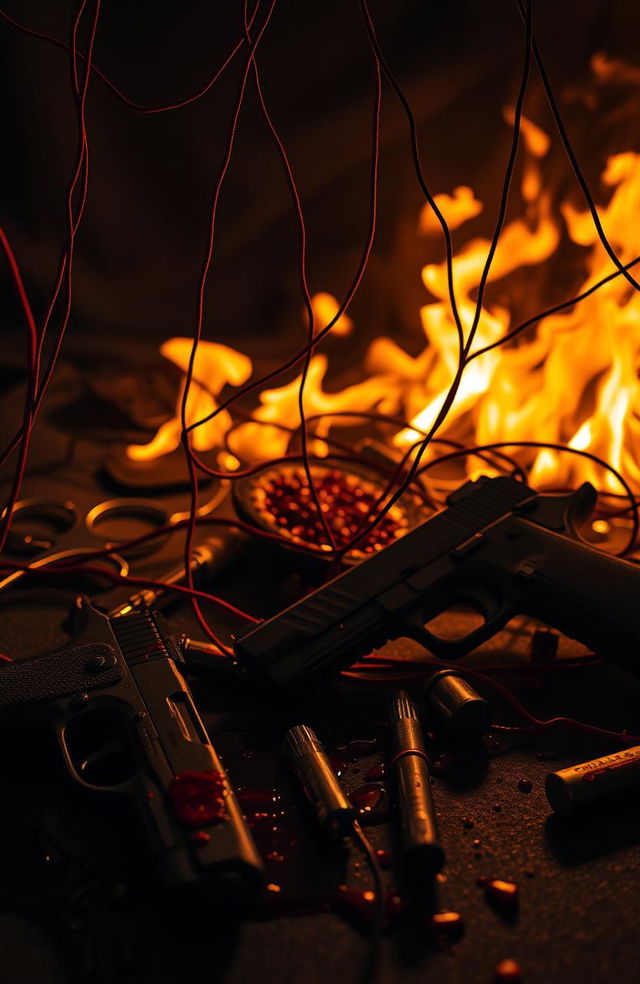 A dramatic and intense scene highlighting blood and fire intertwined with threads, surrounded by various doctor equipment and pistols