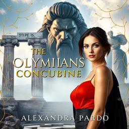 A grand view of Olympus rises in the background, featuring towering marble columns that are shrouded in mist and illuminated by soft light