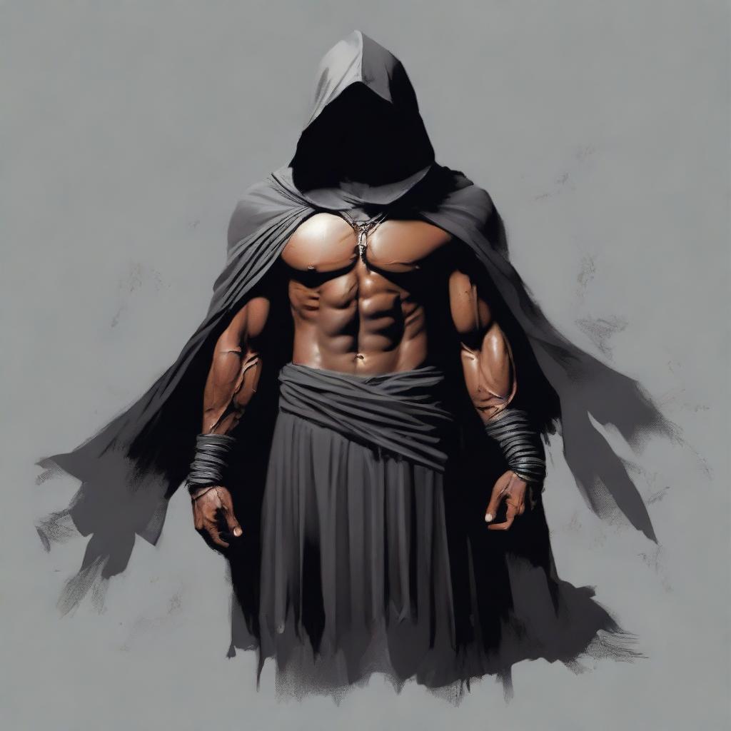 Transform the torn, dark grey hoodie into a cloak-like garment, maintaining the realism of the muscled, bandaged Indian man with rings against the dark environment