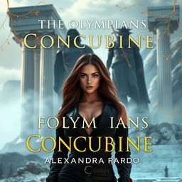 A grand view of Olympus rises in the background, featuring towering marble columns that are shrouded in mist and illuminated by soft light