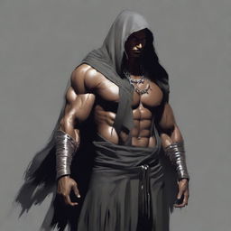 Transform the torn, dark grey hoodie into a cloak-like garment, maintaining the realism of the muscled, bandaged Indian man with rings against the dark environment