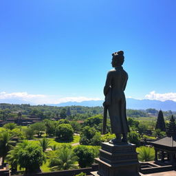 A majestic view of an ancient Javanese kingdom landscape, featuring traditional architecture inspired by Javanese culture