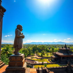 A majestic view of an ancient Javanese kingdom landscape, featuring traditional architecture inspired by Javanese culture
