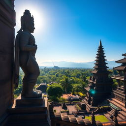 A majestic view of an ancient Javanese kingdom landscape, featuring traditional architecture inspired by Javanese culture