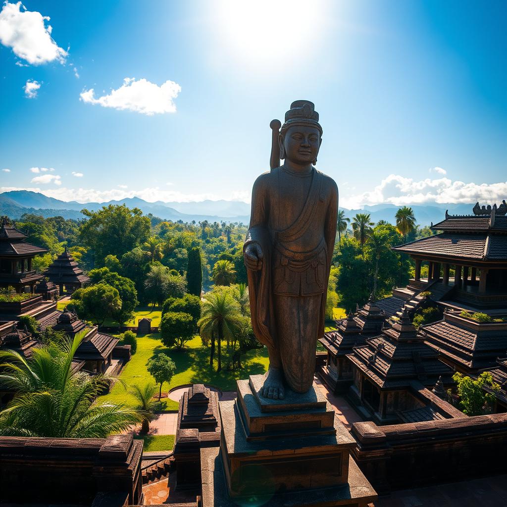 A majestic view of an ancient Javanese kingdom landscape, featuring traditional architecture inspired by Javanese culture