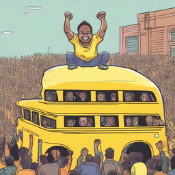 An incredibly strong person effortlessly lifting a yellow school bus above their head, displaying a show of brute strength amidst a crowd of awed spectators