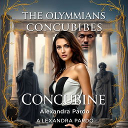 A grand view of Olympus rises in the background, featuring towering marble columns that are shrouded in mist and illuminated by soft light