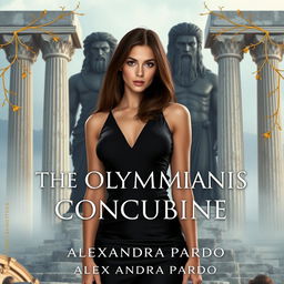 A grand view of Olympus rises in the background, featuring towering marble columns that are shrouded in mist and illuminated by soft light