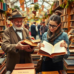 Two eclectic collectors excitedly hunting for rare editions in a charming vintage book market filled with selections of used and precious books
