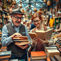 Two eclectic collectors excitedly hunting for rare editions in a charming vintage book market filled with selections of used and precious books