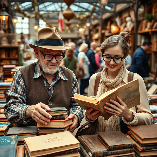 Two eclectic collectors excitedly hunting for rare editions in a charming vintage book market filled with selections of used and precious books