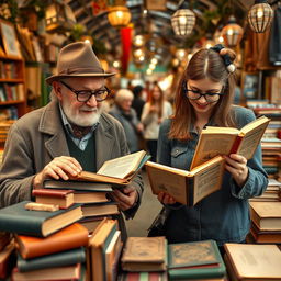 Two eclectic collectors excitedly hunting for rare editions in a charming vintage book market filled with selections of used and precious books