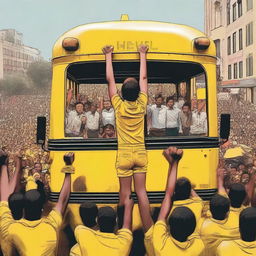 An incredibly strong person effortlessly lifting a yellow school bus above their head, displaying a show of brute strength amidst a crowd of awed spectators