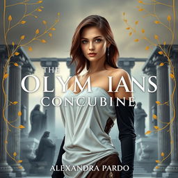 A grand view of Olympus rises in the background, featuring towering marble columns shrouded in mist and soft, ethereal light