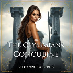 A grand view of Olympus rises in the background, featuring towering marble columns shrouded in mist and soft, ethereal light