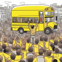 An incredibly strong person effortlessly lifting a yellow school bus above their head, displaying a show of brute strength amidst a crowd of awed spectators