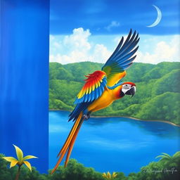 A surrealist painting featuring the background of the Nicaraguan flag, with the blue section matching the blue stripe of the flag