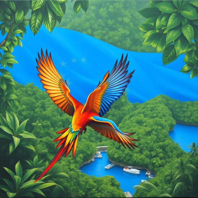 A surrealist painting featuring the background of the Nicaraguan flag, with the blue section matching the blue stripe of the flag