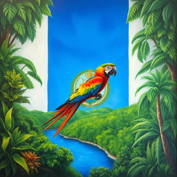 A surrealist painting featuring the background of the Nicaraguan flag, with the blue section matching the blue stripe of the flag