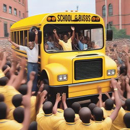 An incredibly strong person effortlessly lifting a yellow school bus above their head, displaying a show of brute strength amidst a crowd of awed spectators